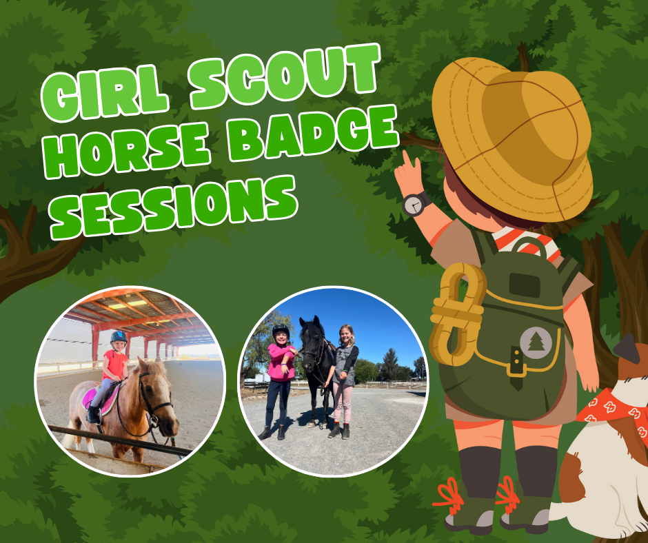 Girl Scouts participating in a horseback riding badge session at Strides Riding Academy in Sonoma County