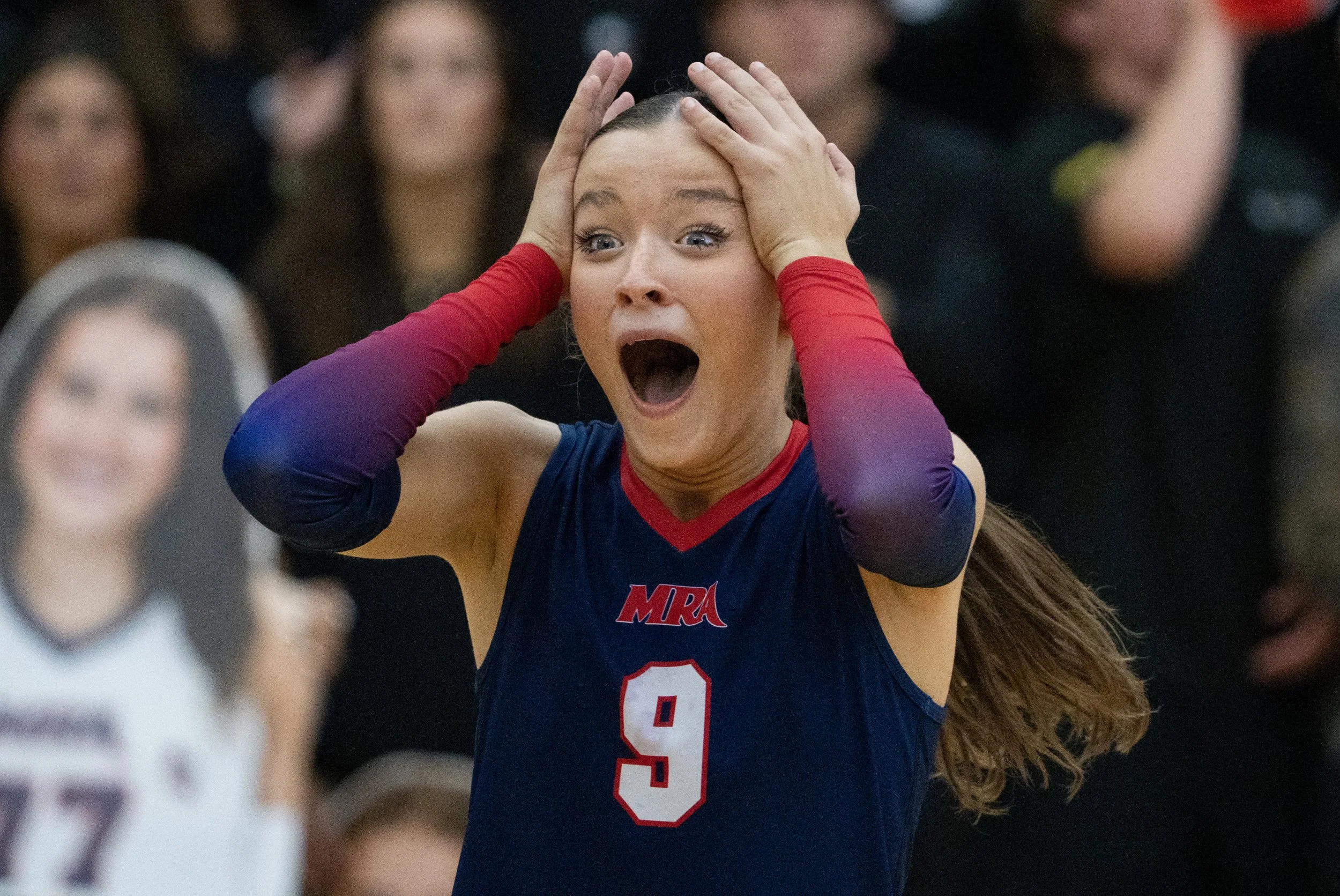  MRA's outside hitter Emerson Dorr (9) reacts after they scored a point during the MAIS division I championship game against Jackson Academy at the A.E. Wood Coliseum in Clinton, Miss., on Oct. 21, 2025. [Clarion Ledger] 