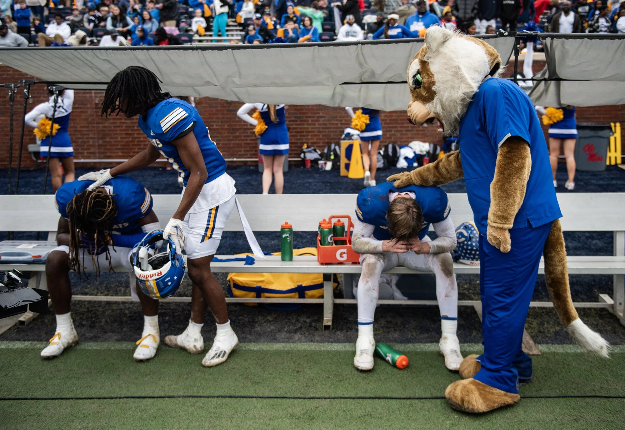  The Columbia Wildcats' mascot comforts quarterback Collin Haney (3) after his pass was intercepted during the MHSAA 4A football state title game at Vaught-Hemingway Stadium in Oxford, Miss., on Dec. 2, 2023. [Clarion Ledger] 