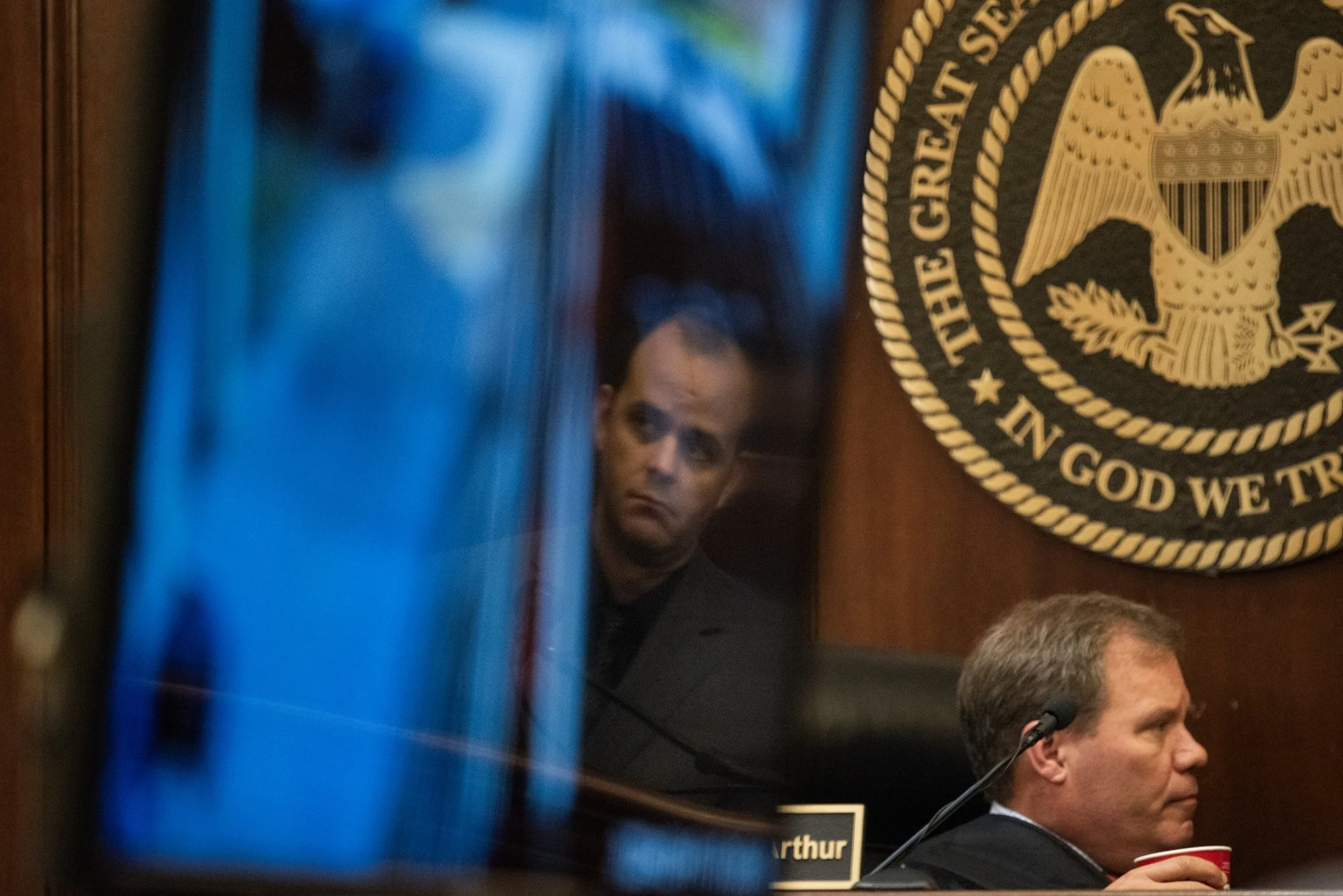 Heath Smylie, Carly Gregg's stepfather, and Judge Dewey K. Arthur watch footage during day two of the trial at Rankin County Courthouse in Brandon, Miss., on Sept. 17, 2024. Gregg, accused of murdering her mother, was pronounced guilty and sentenced