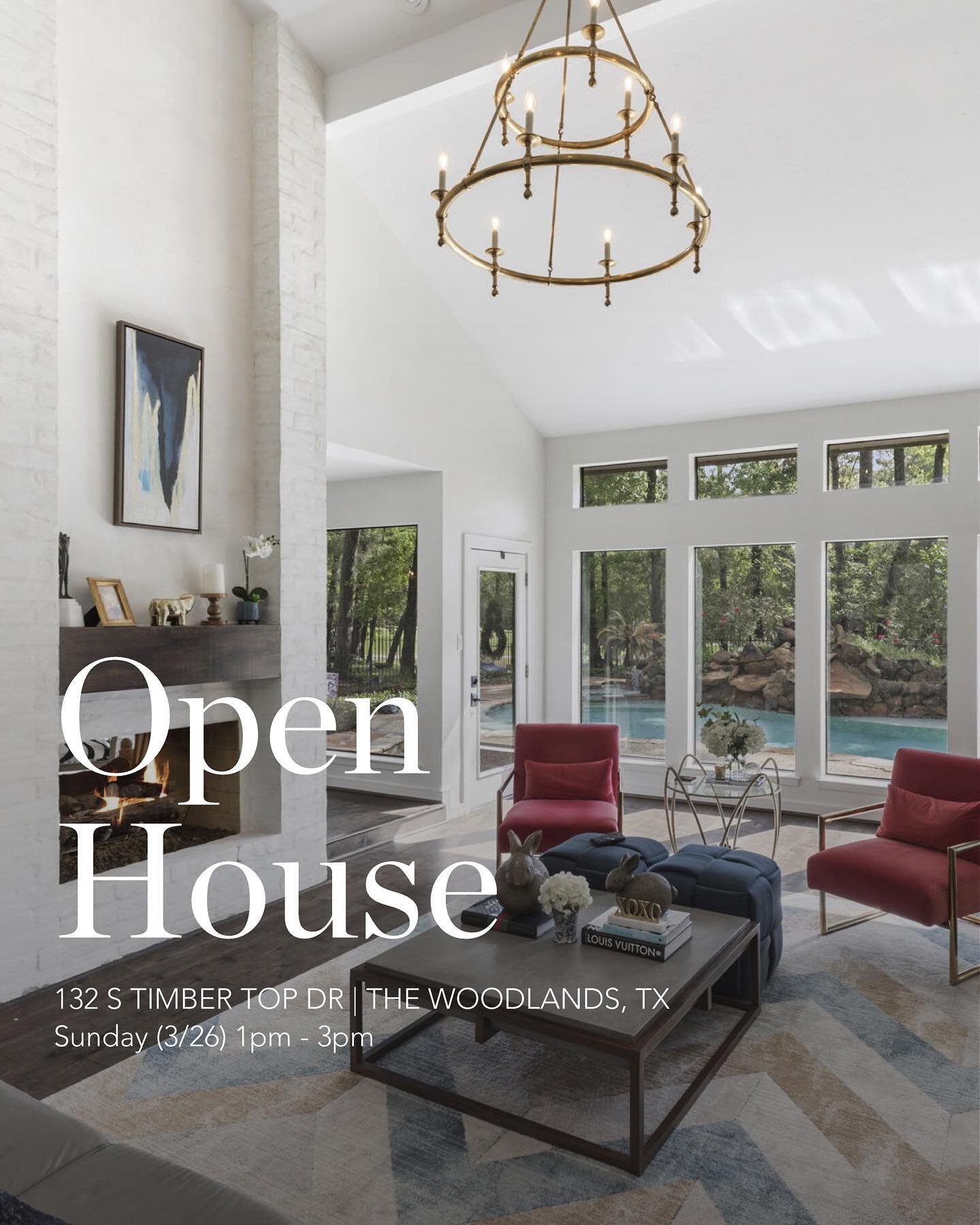 Come tour this gorgeous home in The Woodlands, TX. 

🌳This SUNDAY, 1-3PM!🌳

📍132 S Timber Top 
The Woodlands, TX 77380

✔️Thermador appliances 
✔️Benedettini Cabinets
✔️ Modern Cantera Door 
✔️ 2022 Roof 
✔️ HVACs replaced 
+ more!

4 BEDS l 2 FUL