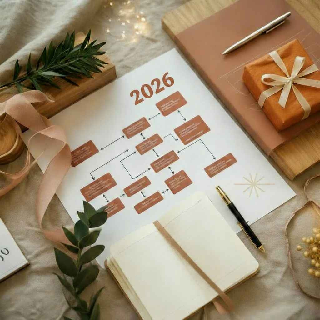 Un planificador para el año 2026 con esquemas y flechas, acompañado de notas, una pluma, un regalo envuelto con lazos, y decoraciones de hojas verdes y ramas, en un fondo de tela beige.