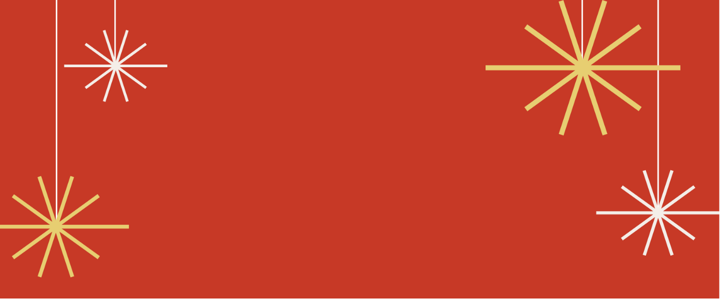 Fondo rojo con decoraciones de estrellas doradas y blancas.