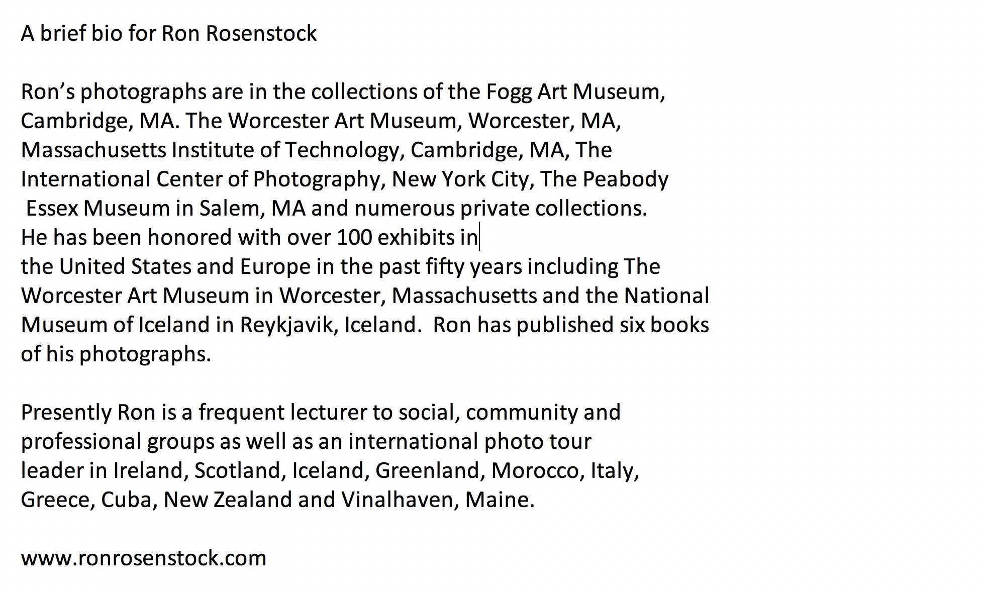 “My Life in Photography” A talk with Ron Rosenstock