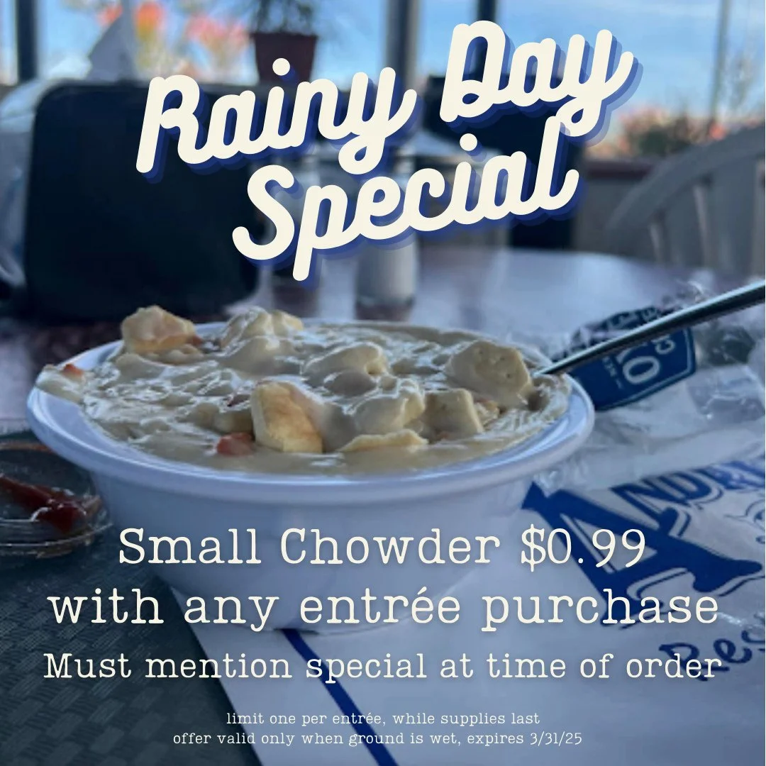 Mid-week rain dampening your spirits? ⁠
⁠
Come and enjoy Ventura's favorite clam chowder, now just $0.99 with the purchase of any entr&eacute;e. ⁠
⁠
Mention the special when you order to receive the discount!