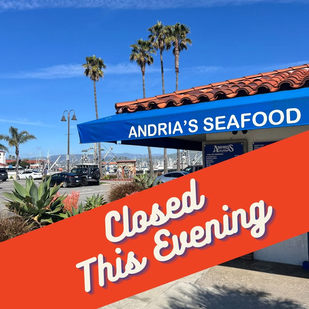 Andria's is closed today starting at 2:00 due to bad weather conditions in the Ventura Harbor.⁠
⁠
We look forward to seeing you when we open on Friday at 11:00am.