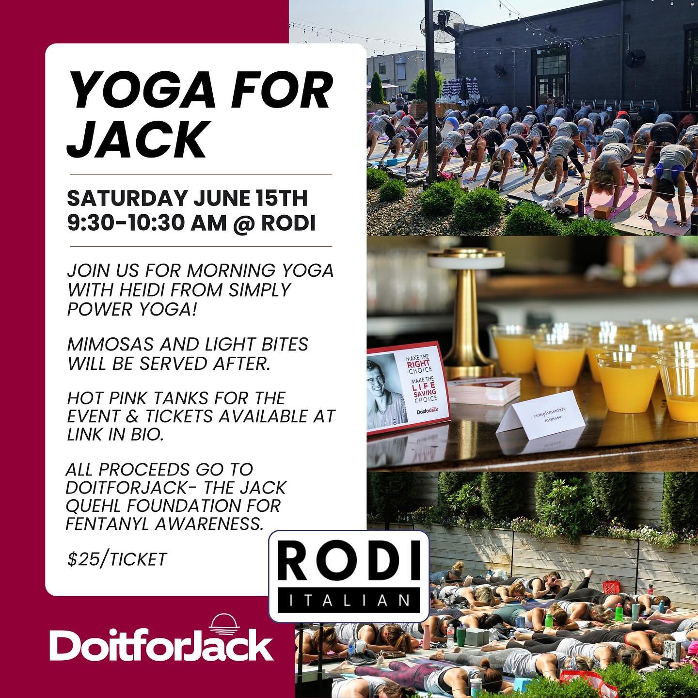 If you missed out on Yoga for Jack at Rodi last year, we highly recommend reserving your ticket ASAP because it was a HIT!

So let&rsquo;s do it again!  Heidi from @simplypoweryoga_north will be there!  And our good friends @rodiitalian will be makin