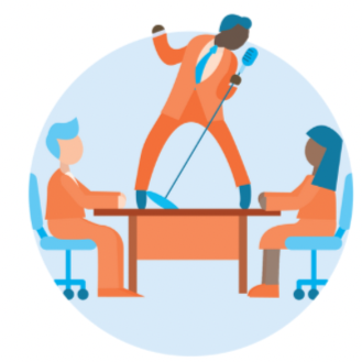 An animated illustration of a singing performer with a microphone standing on a table, with two seated people listening.