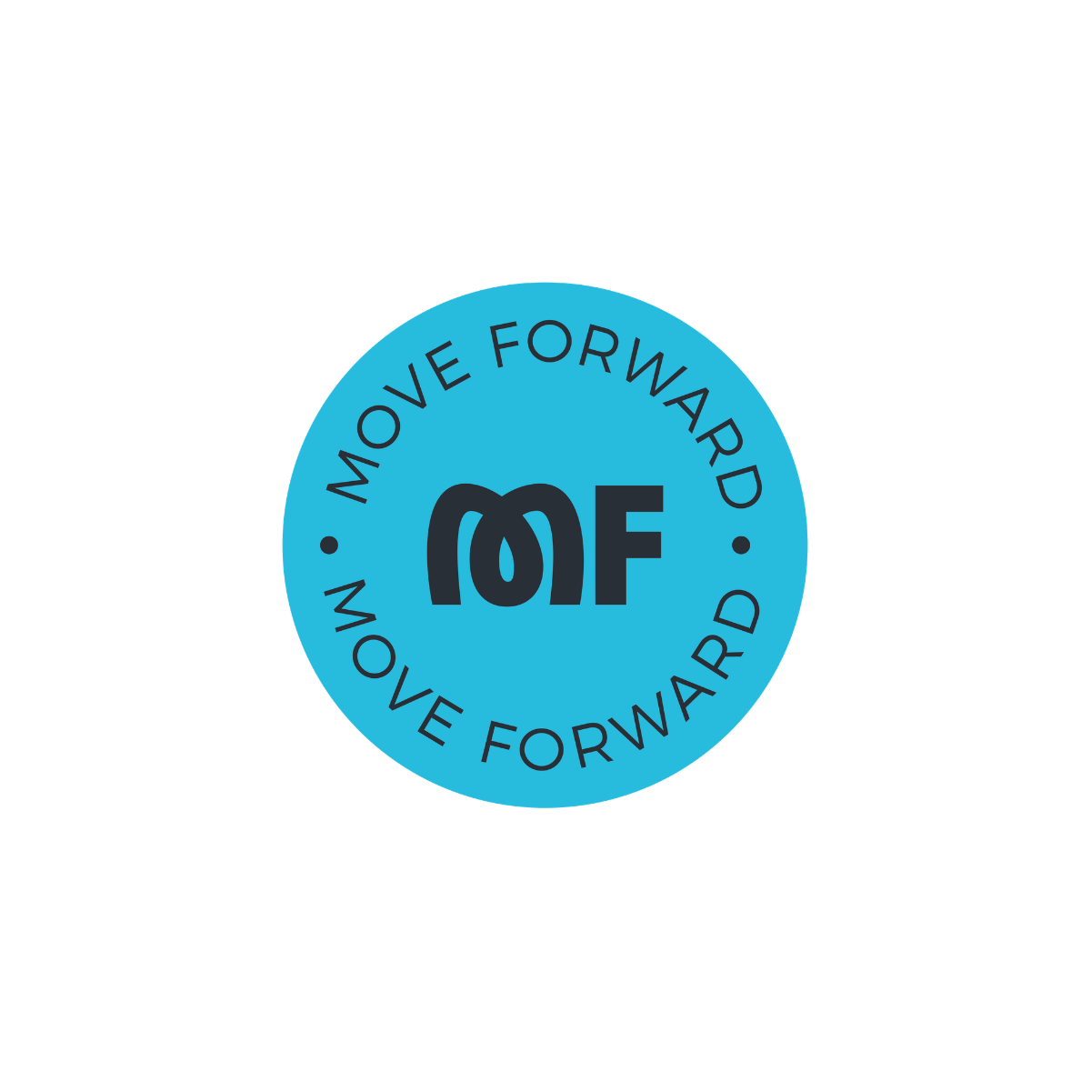 Blue circular sticker with black text that says "MOVE FORWARD" repeated twice around the edge and a large stylized "MFF" logo in the center.