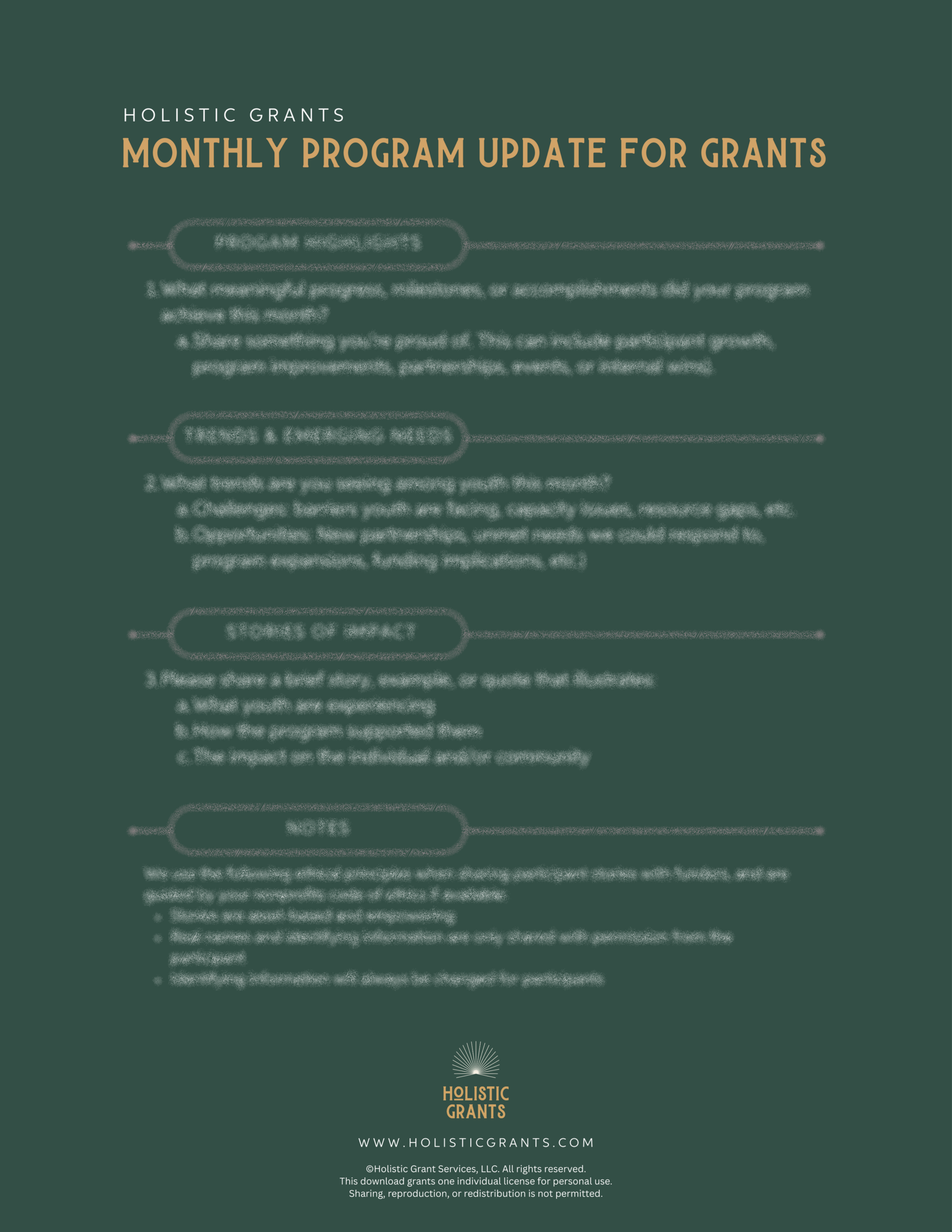 A poster titled "Monthly Program Update for Grants" with sections on program descriptions, choosing a funding need, stories of impact, notes, and the Holistic Grants logo at the bottom.