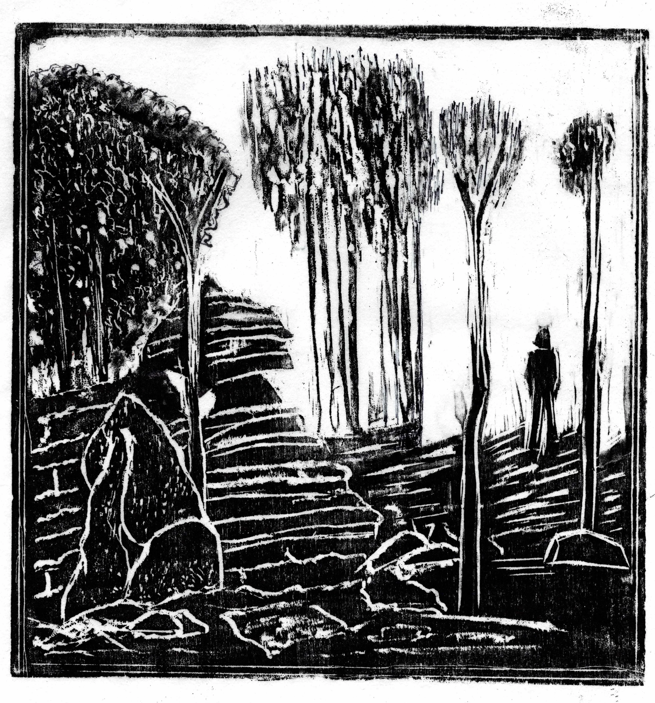 Termite mound and blackened trees