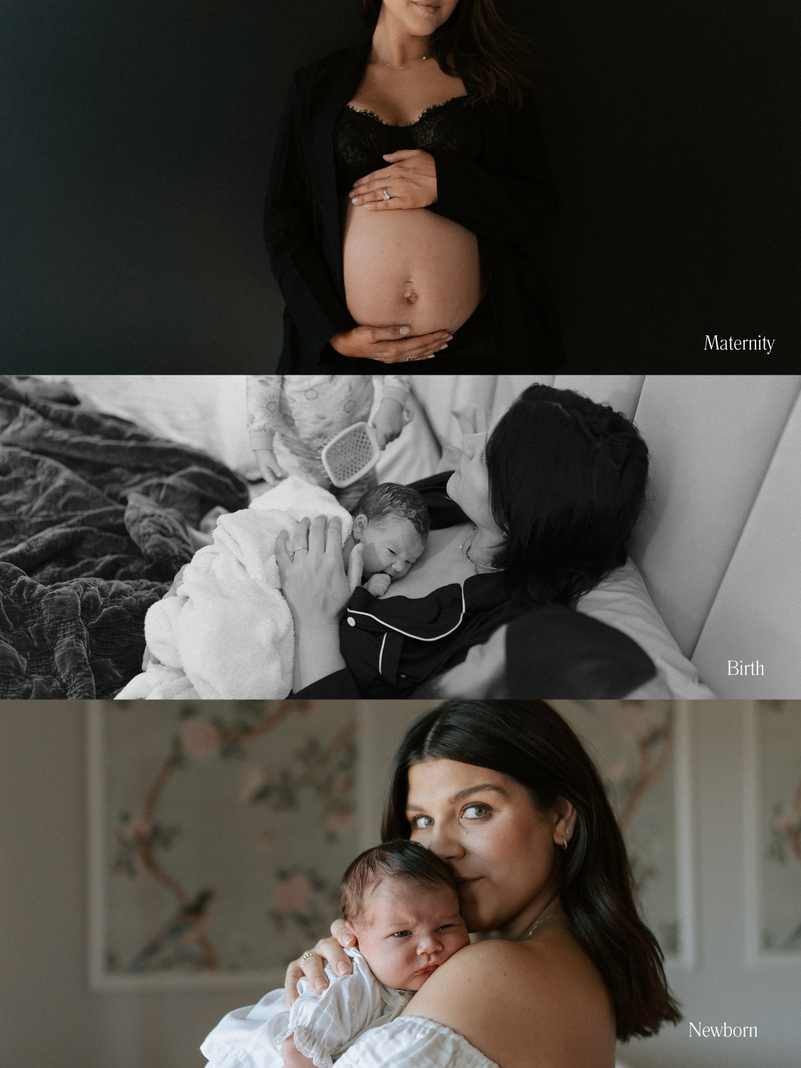 A mix of in home and studio photos of motherhood stacked on each other: the first is a maternity photo of a woman holding her belly, the second a mom with her baby and her toddler, and the last holding her baby while looking into the camera.