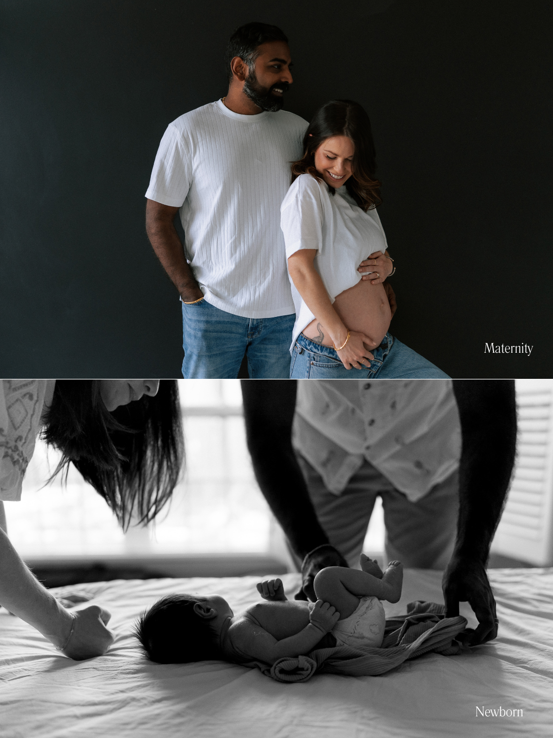 In Studio Maternity session In Home newborn session - woman showing her baby bump in a studio setting. The second image shows a newborn baby lying on a bed, with two adults adjusting the baby, in black and white.