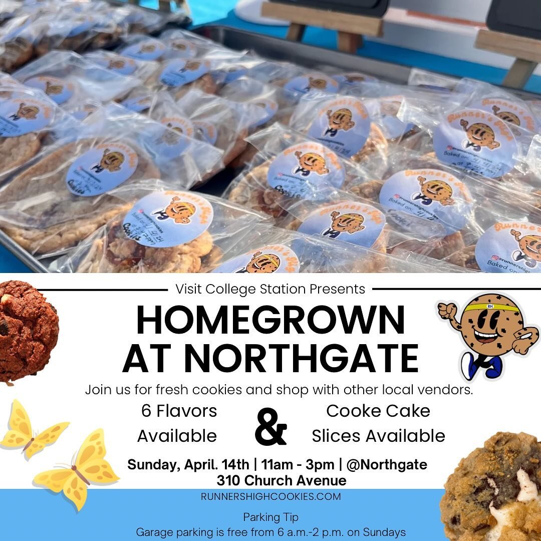 Back it to regularly scheduled markets in College Station 🍪✨

We will be in the Northgate district for @visitcstx Homegrown at Northgate Market from 11am-3pm. We will have six flavors assortment and cookie cake slices available on at first come, fir