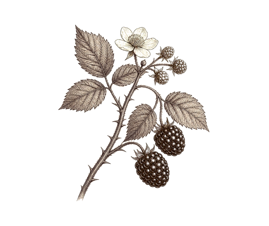 Brombeerzweig mit Blüte, unreifer und reifer Frucht als Symbol für gleichzeitige Gefühle in der Mutterschaft
