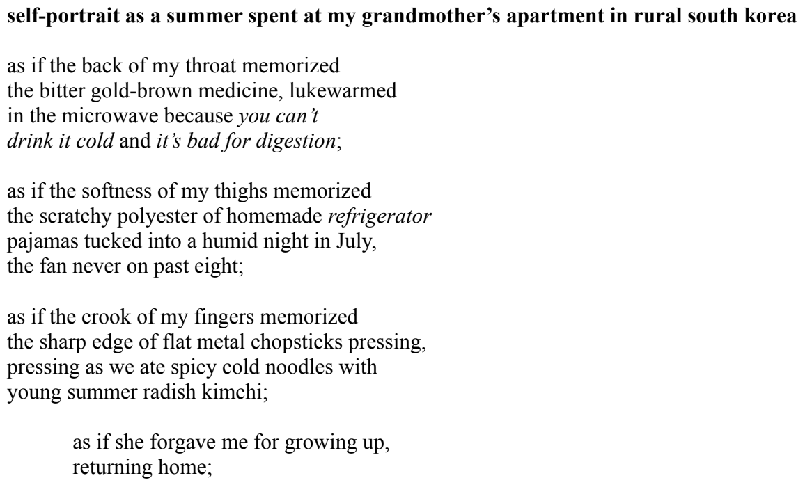 self-portrait as a summer spent at my grandmother's apartment in rural south korea (2020)