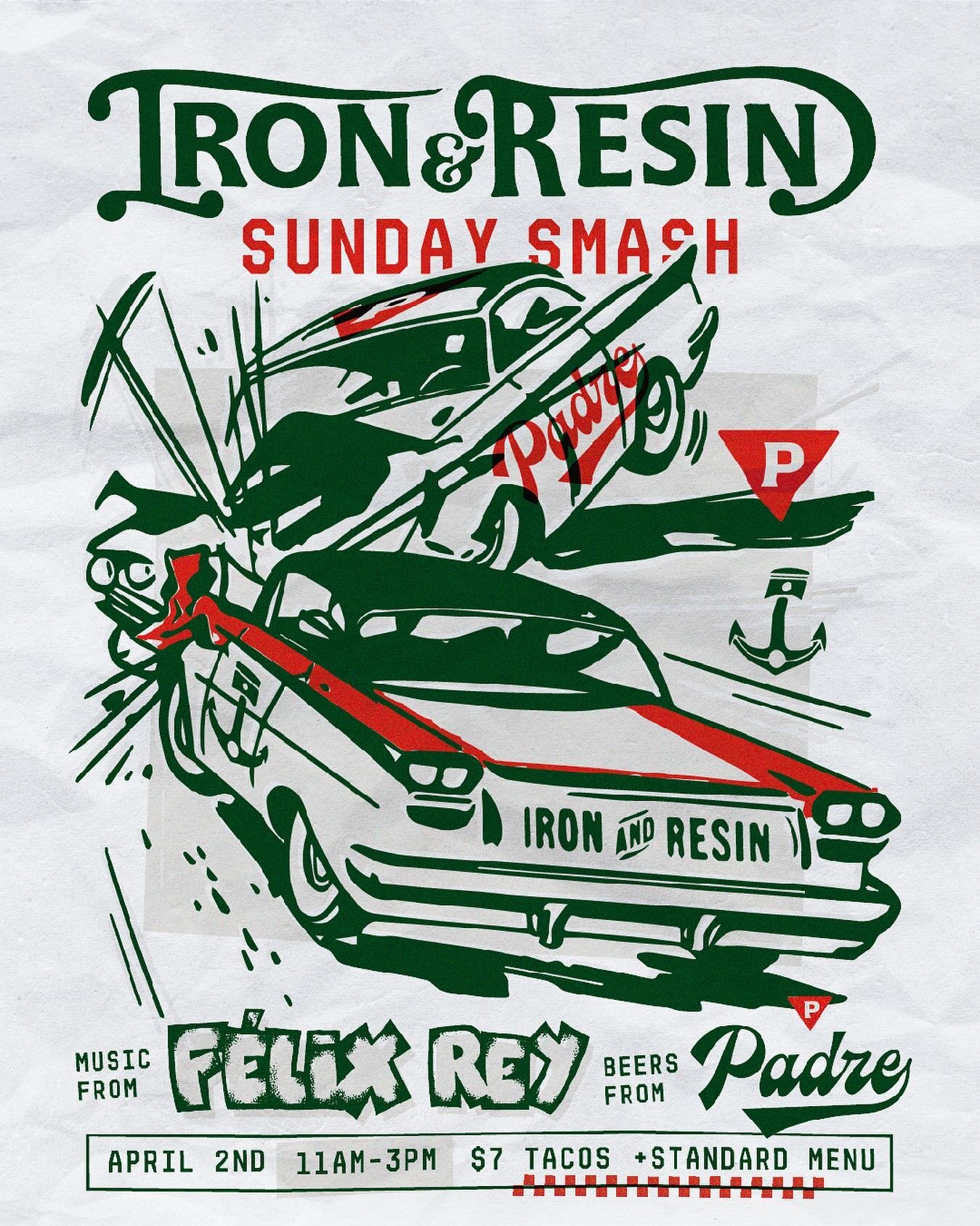 THIS SUNDAY!  Hey gang gang. This Sunday we&rsquo;re chuckin&rsquo; a hang with our friends @ironandresingarage @padre.beer pourin outside, tacos inside, live music from @felixreyband 
See ya there. Or not.