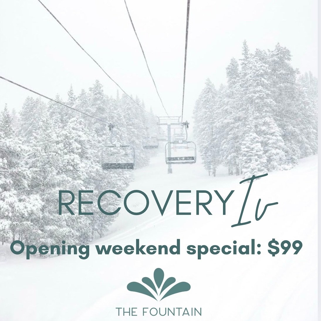 Opening Day Special! 🎿❄️
Start your ski season strong and recover faster with our Recovery IV featuring taurine, glutathione, and B12 for just $99! ⛷️ 
Perfect for boosting energy, enhancing performance, and supporting recovery after hitting the slo