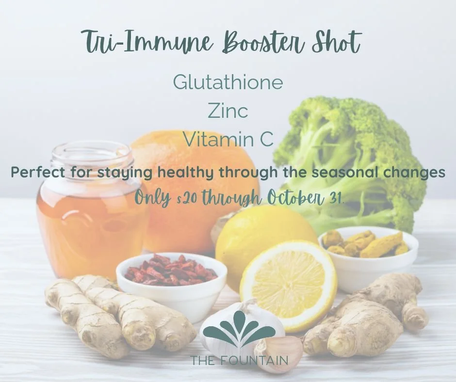 The immune boost you need is at the Fountain CB.
Seasons are changing and everything is in the air. This protective shot utilizes Glutathione, Zinc, and Vitamin C to help protect your health and wellness as we head into the colder weather!
Offered fo