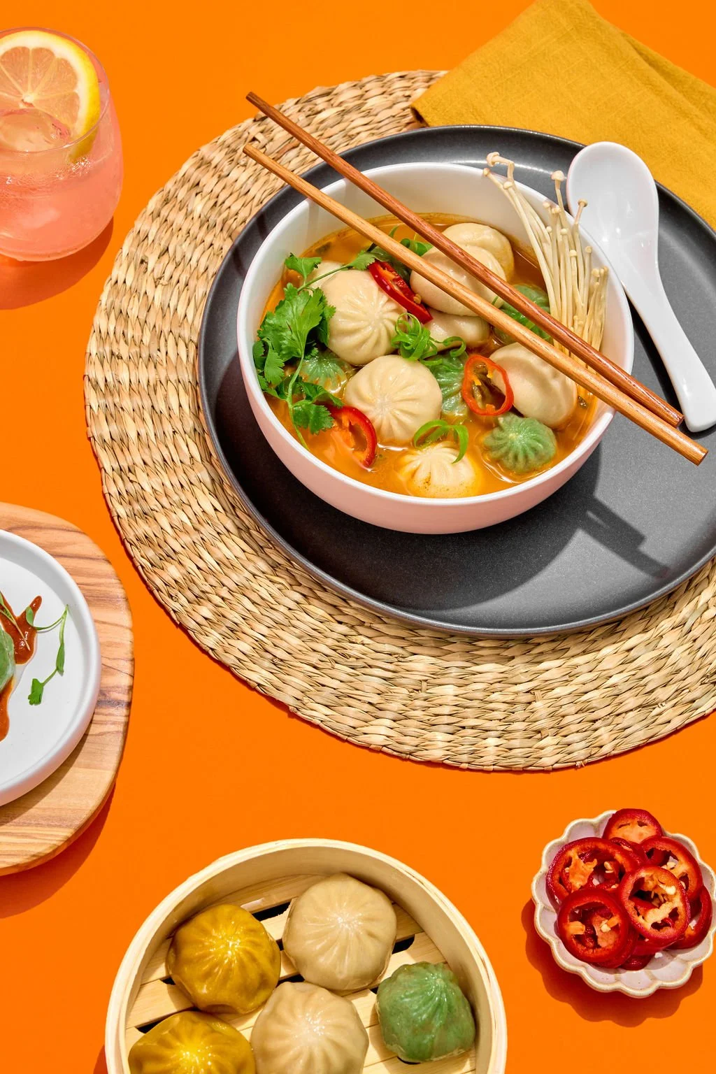 Food photography styling with an orange background