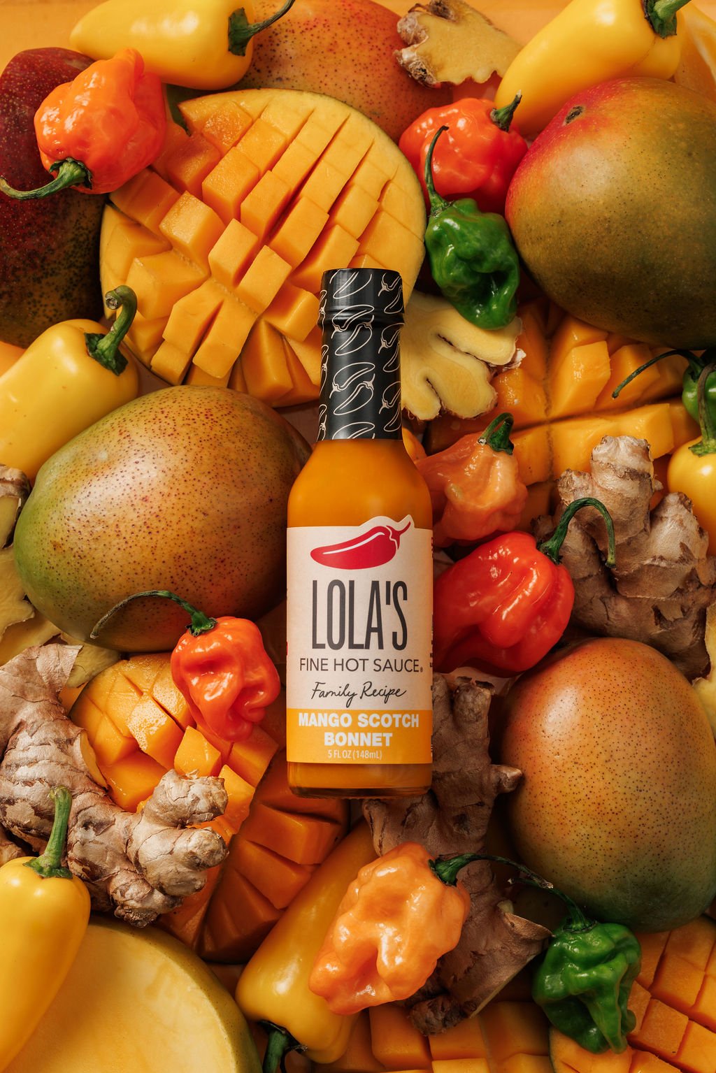 Food photography showing off ingredients and textures in Lola's Hot Sauce