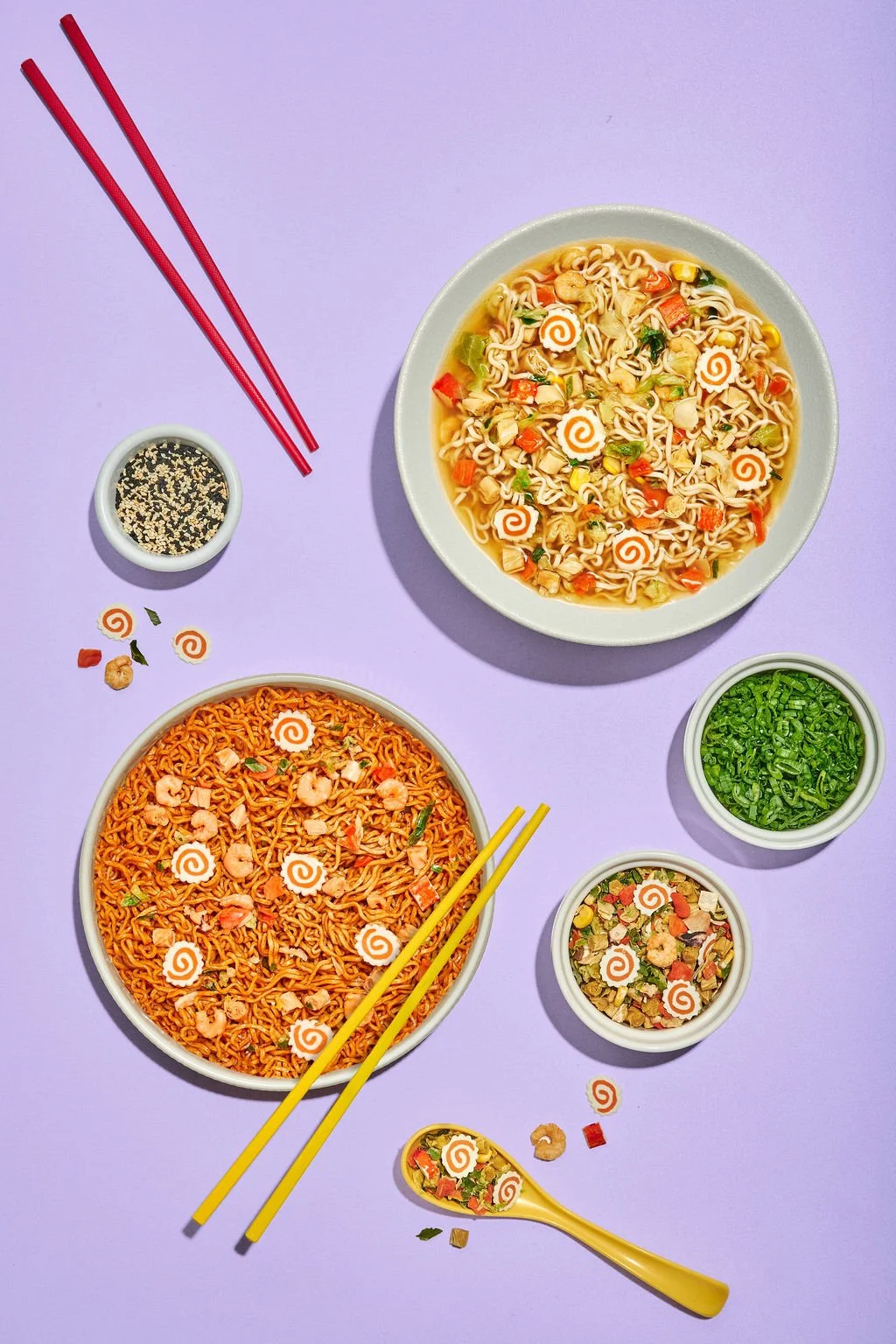 A flat lay setup with food products for new product launch imagery