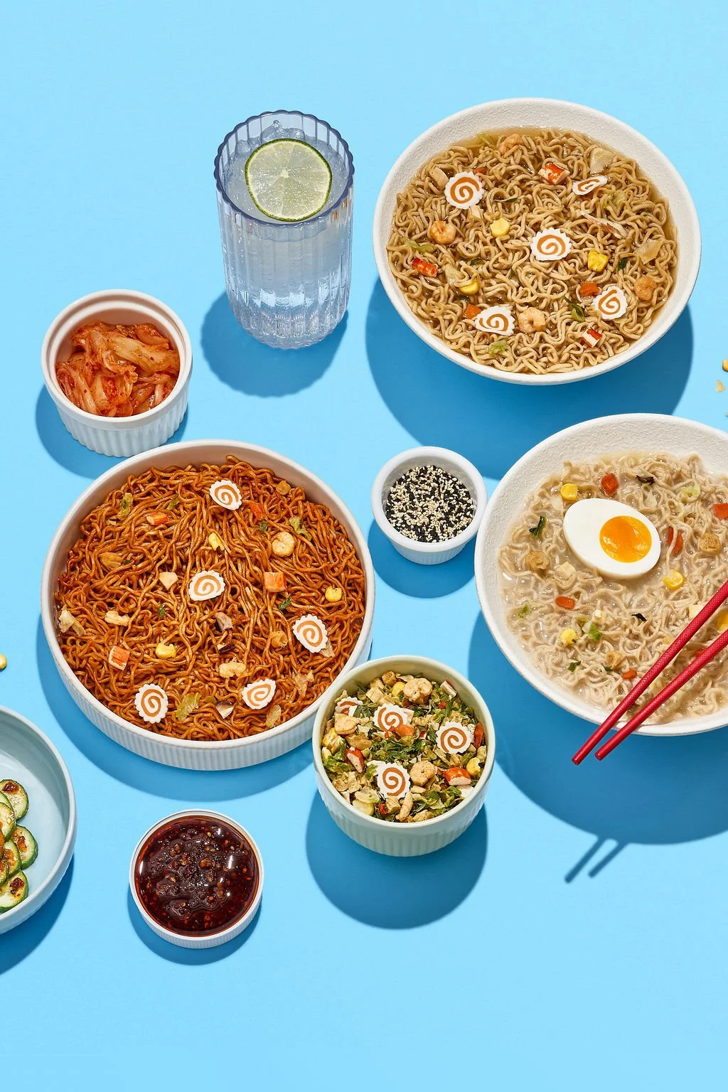 A flat lay of ramen food products in food photography