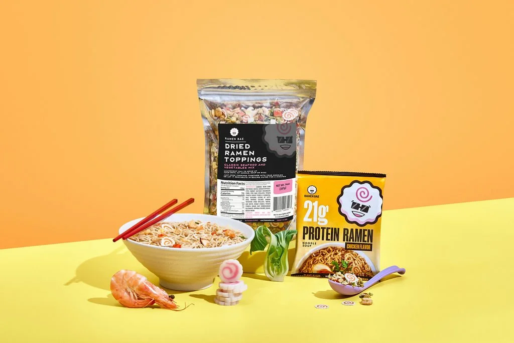 ramen and ramen toppings set up for product photography for a new product launch