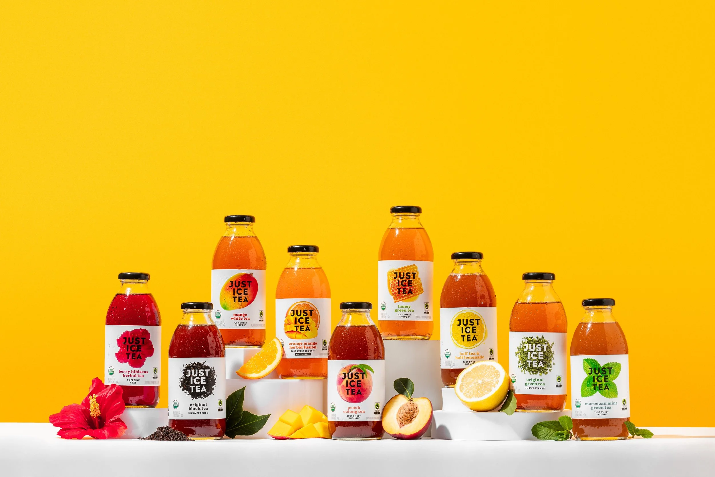 Just Ice Tea set up in a studio photoshoot backdrop for product photography