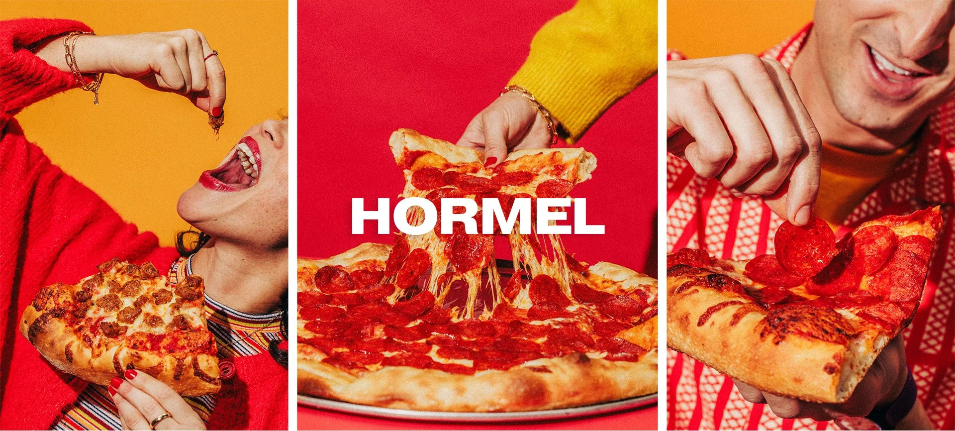 Three people enjoying pizza from different angles with a central pizza and the word 'HORMEL' over a red background.