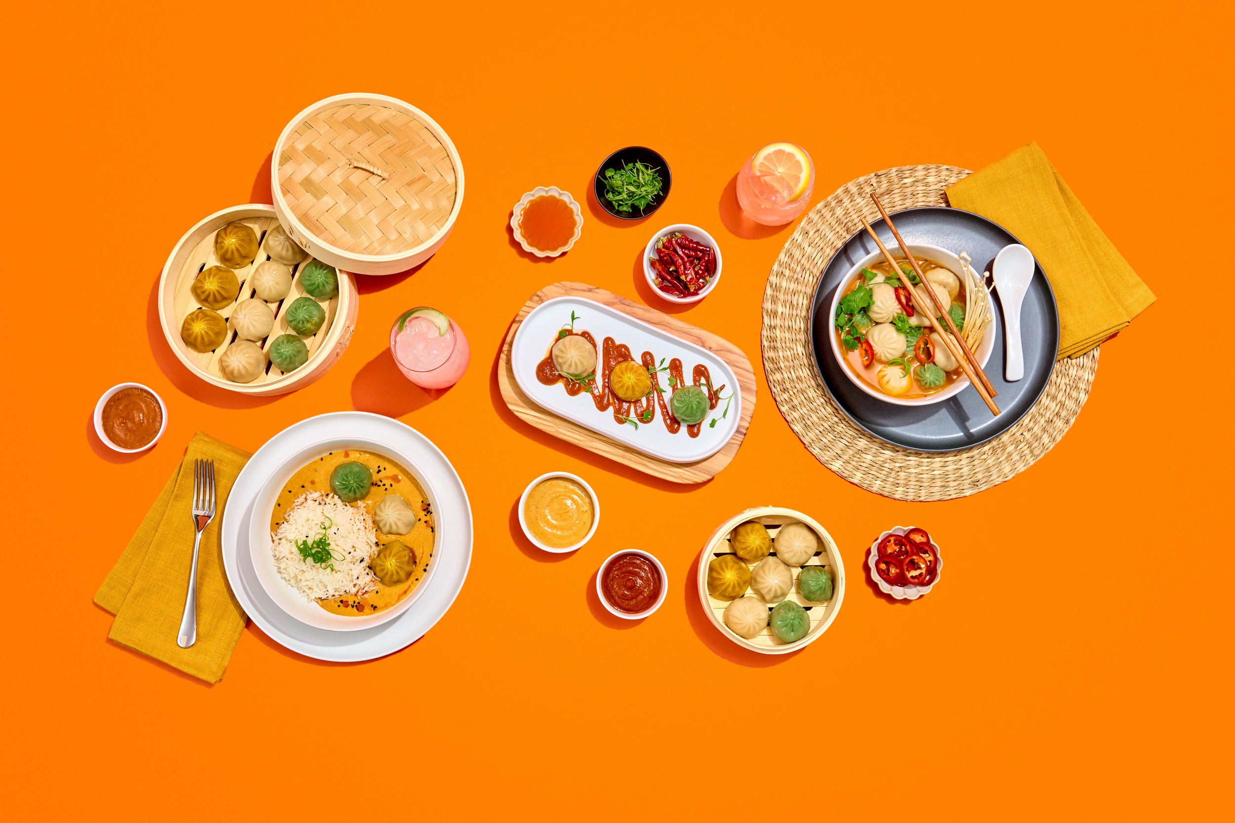 A food photography flat lay, showing off different ingredients and products