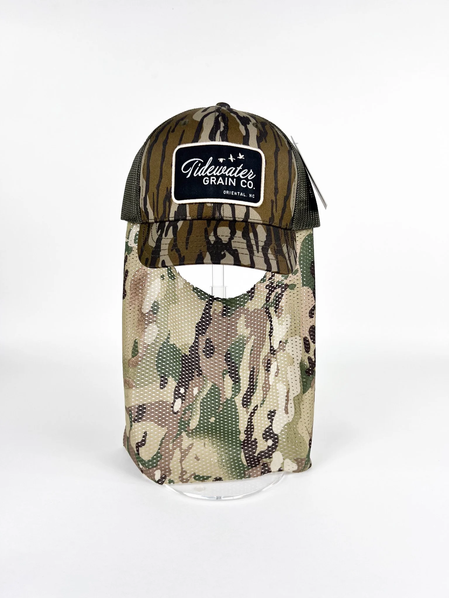 Short Bill Camo Hat - Mossy Oak Bottomland with Mesh and Black Woven Tidewater Patch