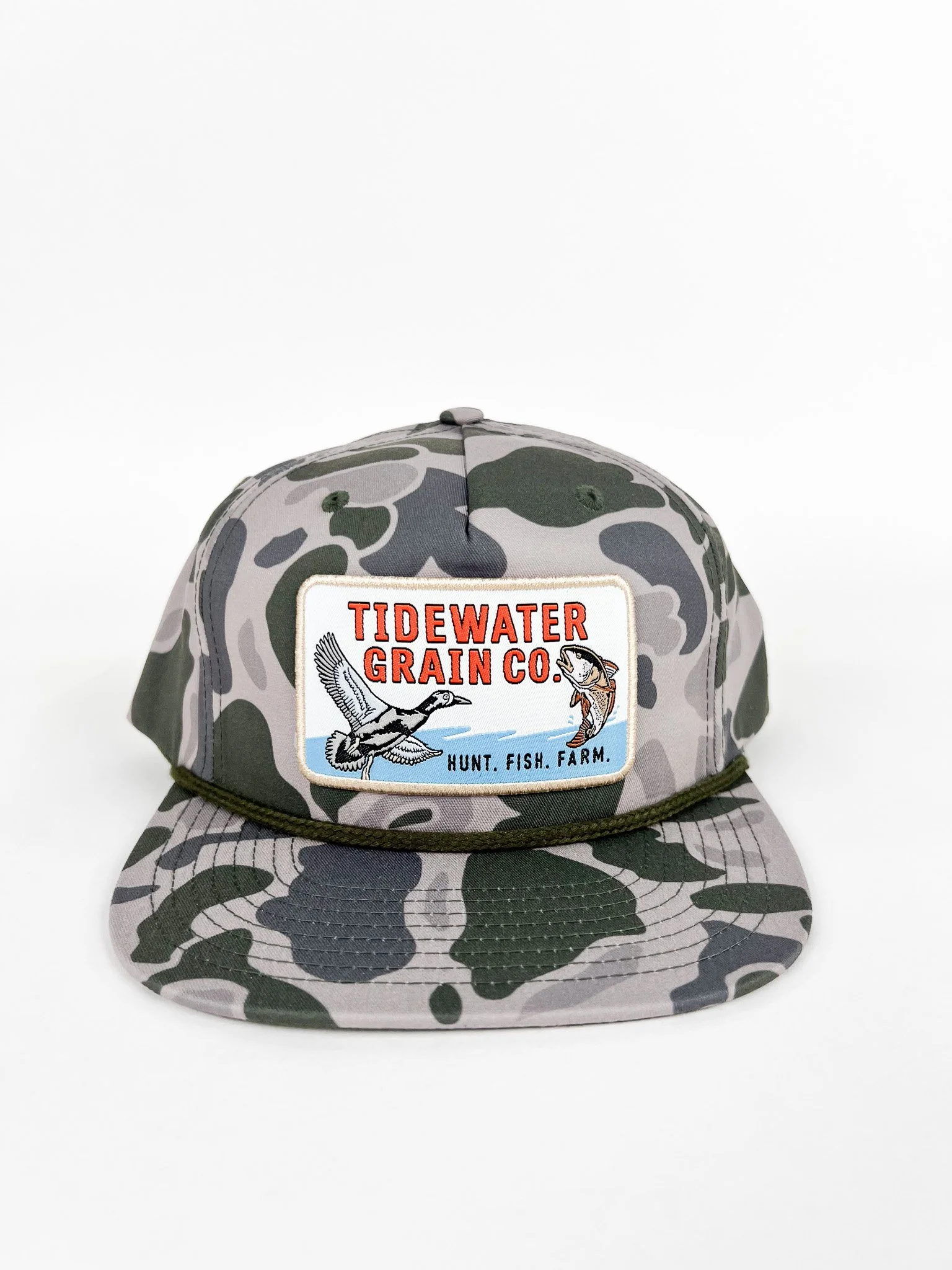 Green Richardson Camo Umpqua Hat with Tidewater Hunt Fish Farm Woven Patch