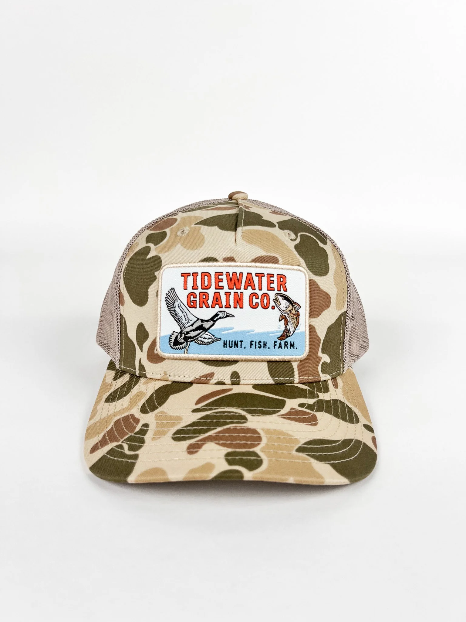 Harvest Duck Camo Richardson Hat with Woven Tidewater Hunt Fish Farm Patch