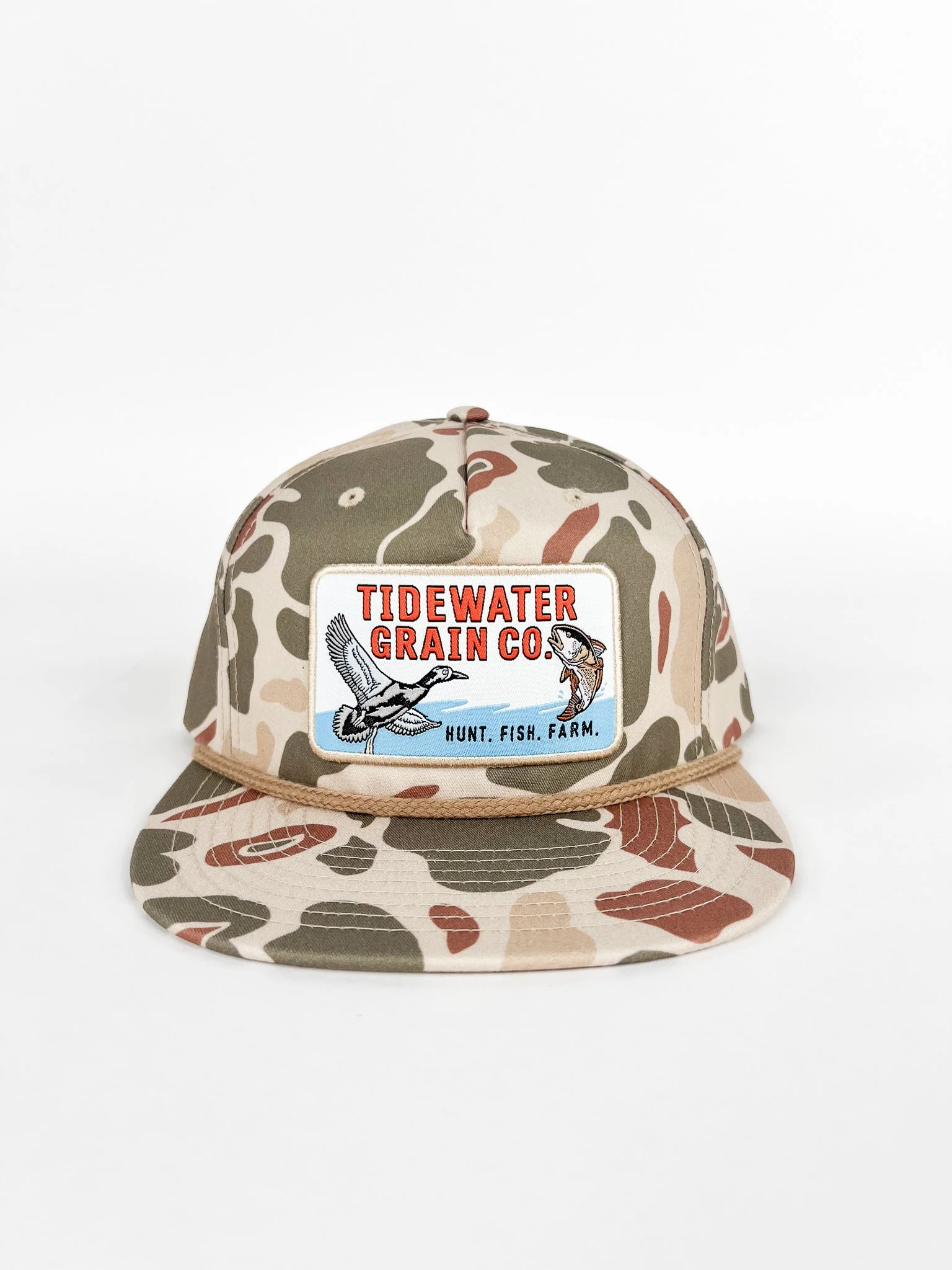 Tan Camo Richardson 256P Umpqua Five-Panel Hat with Woven TidewaterHunt Fish Farm Patch