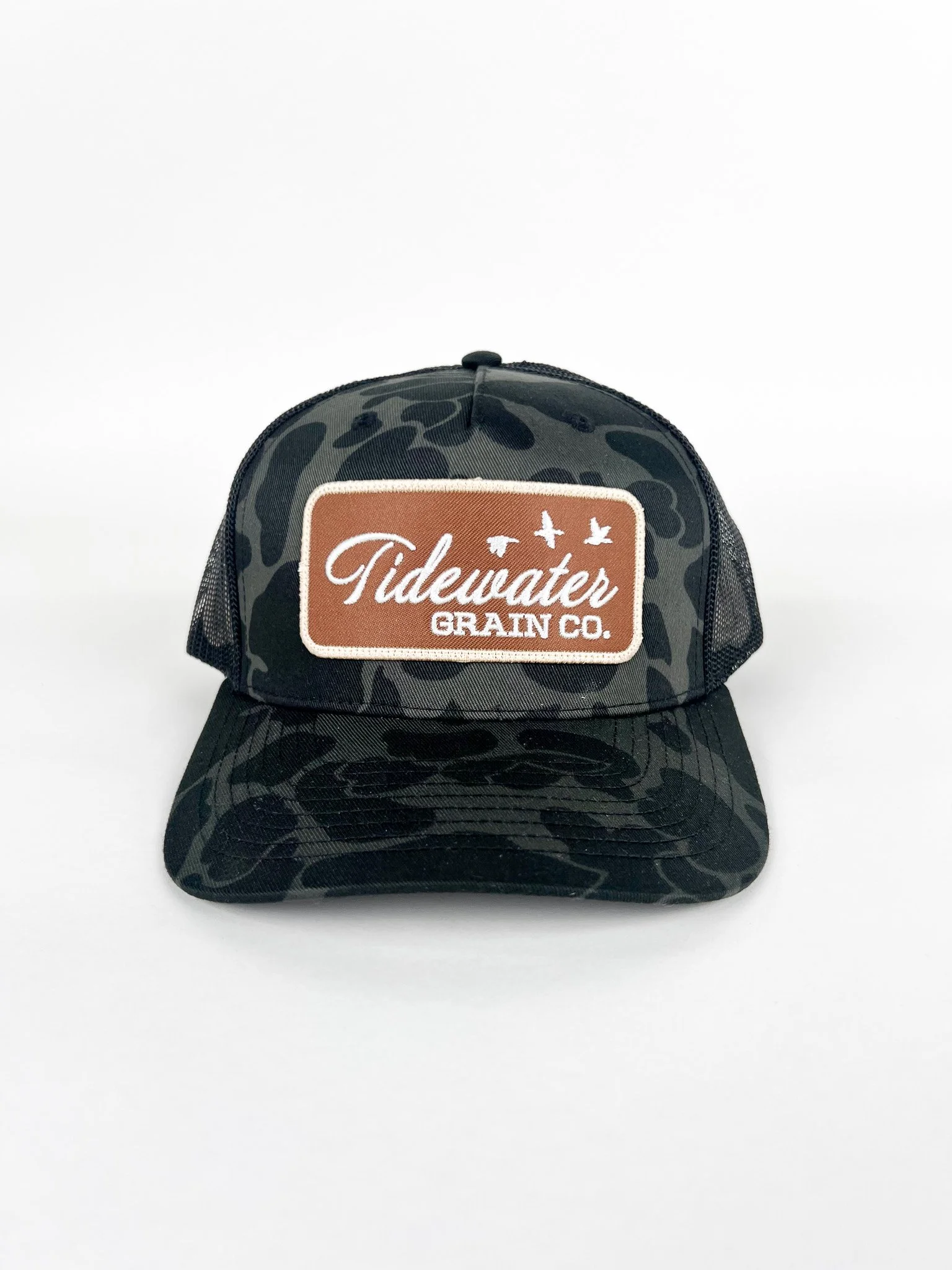 Black Camo Richardson 112 Trucker Hat with Brown Embroidered Tidewater Patch