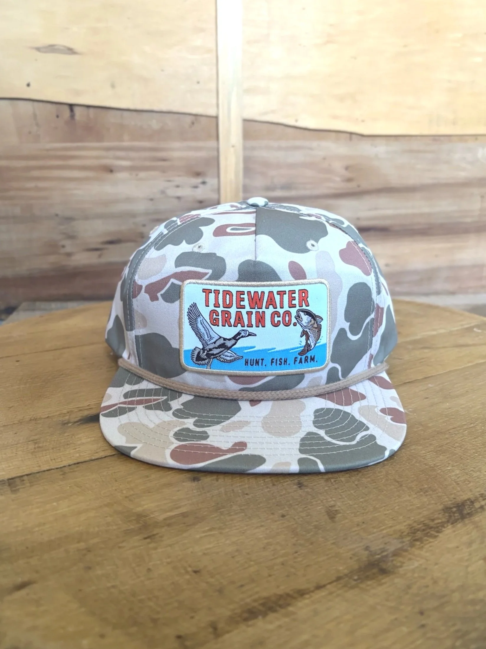 Tan Camo Richardson 256P Umpqua Five-Panel Hat with Hunt Fish Farm Patch