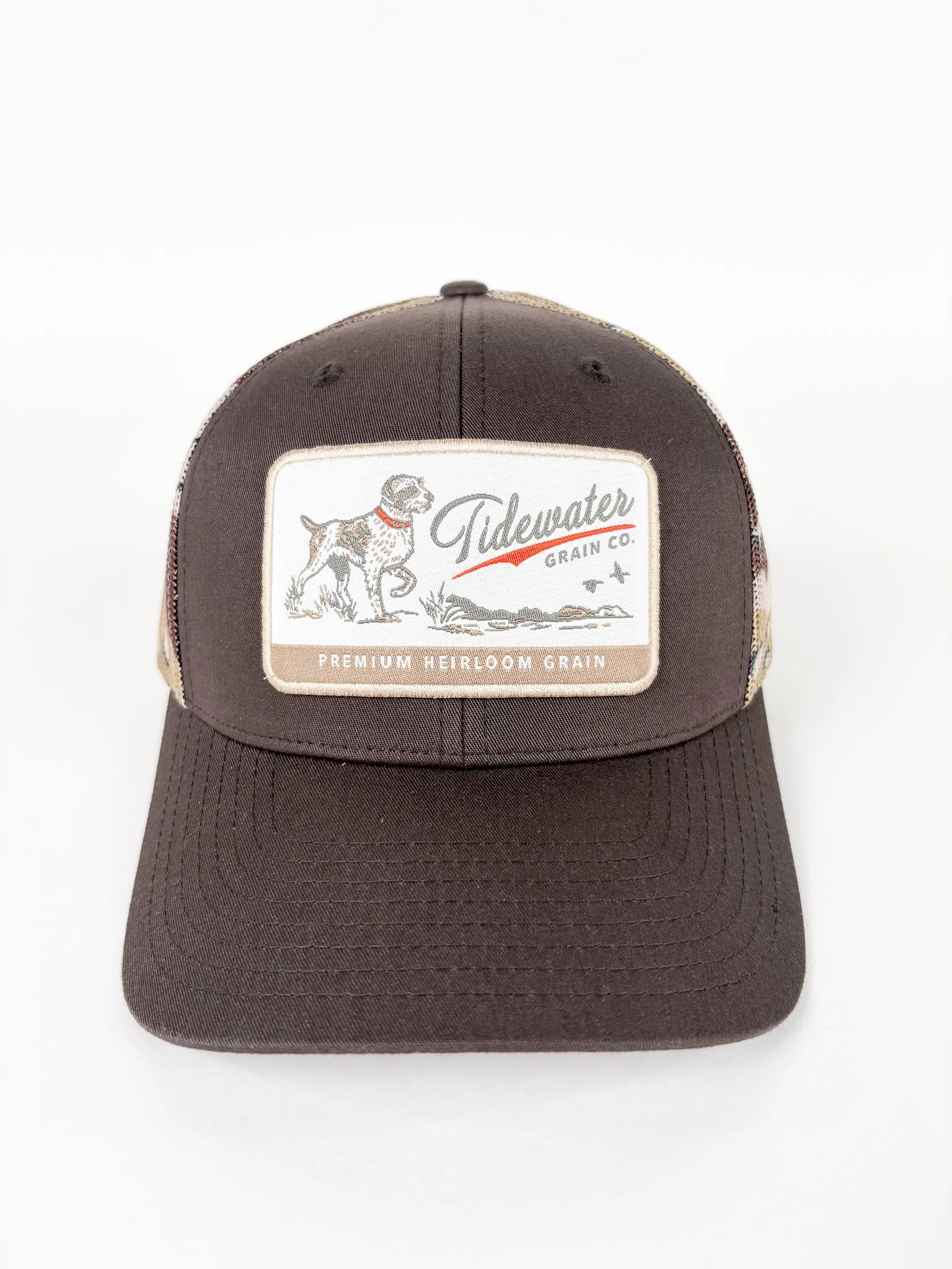 Brown Richardson Hat with Camo Mesh and Willa Dog Woven Patch