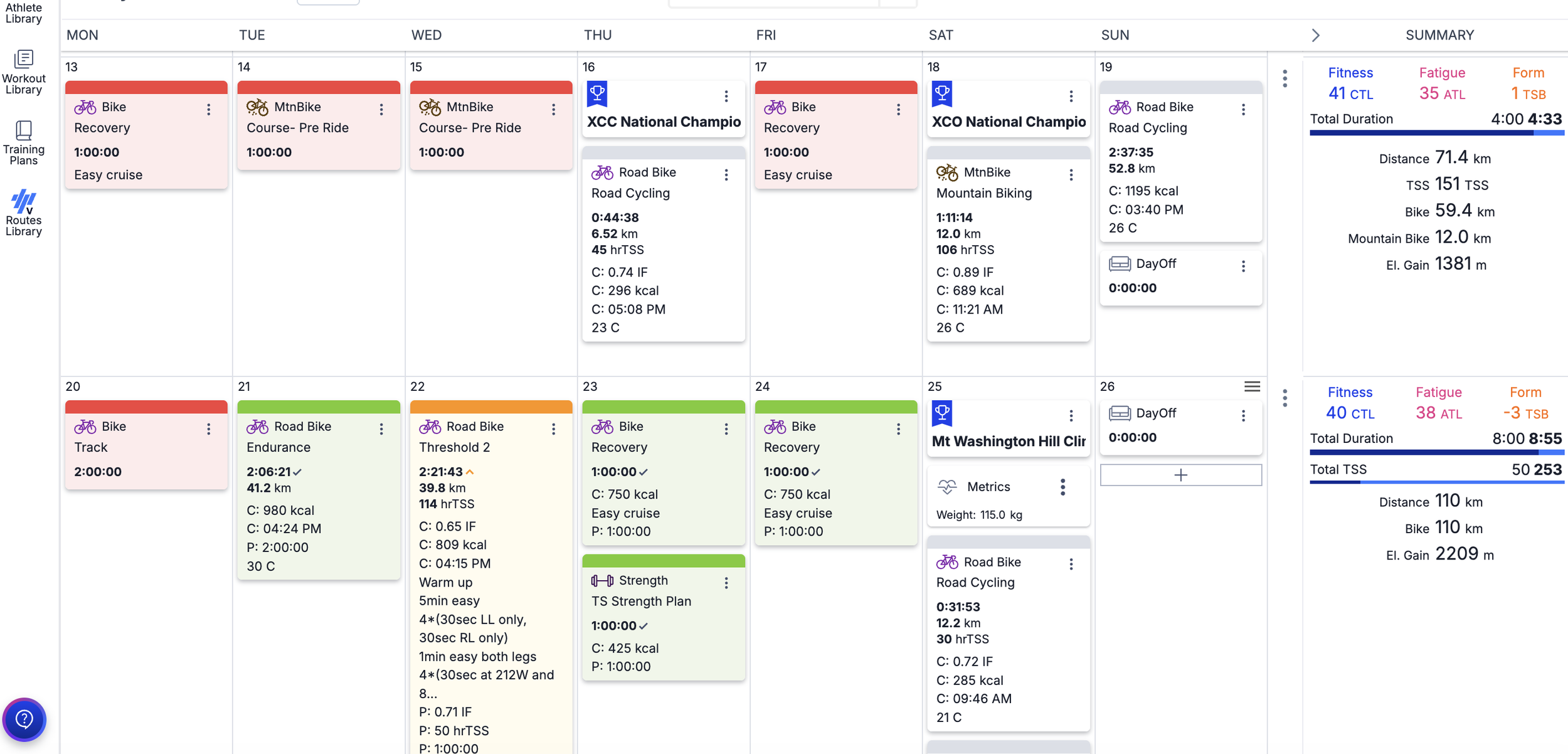 A periodized training week built in TrainingPeaks for a B78 Performance Block athlete