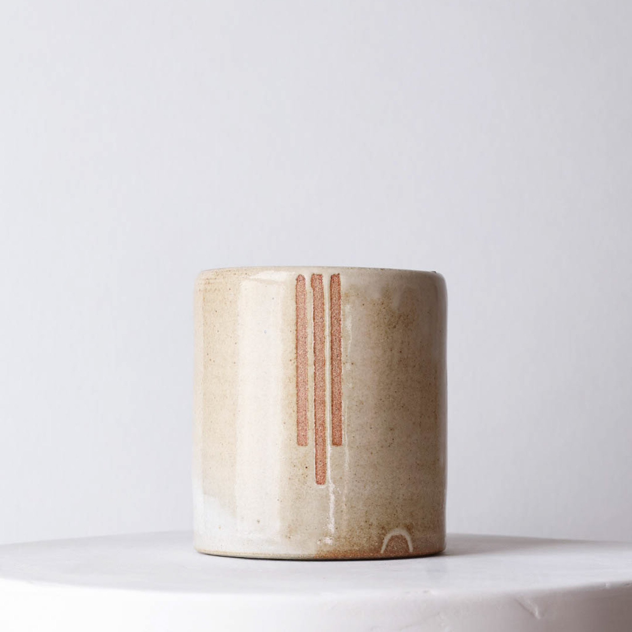 Stoneware Utensil Crock — Cream Glaze + Stripe Detail