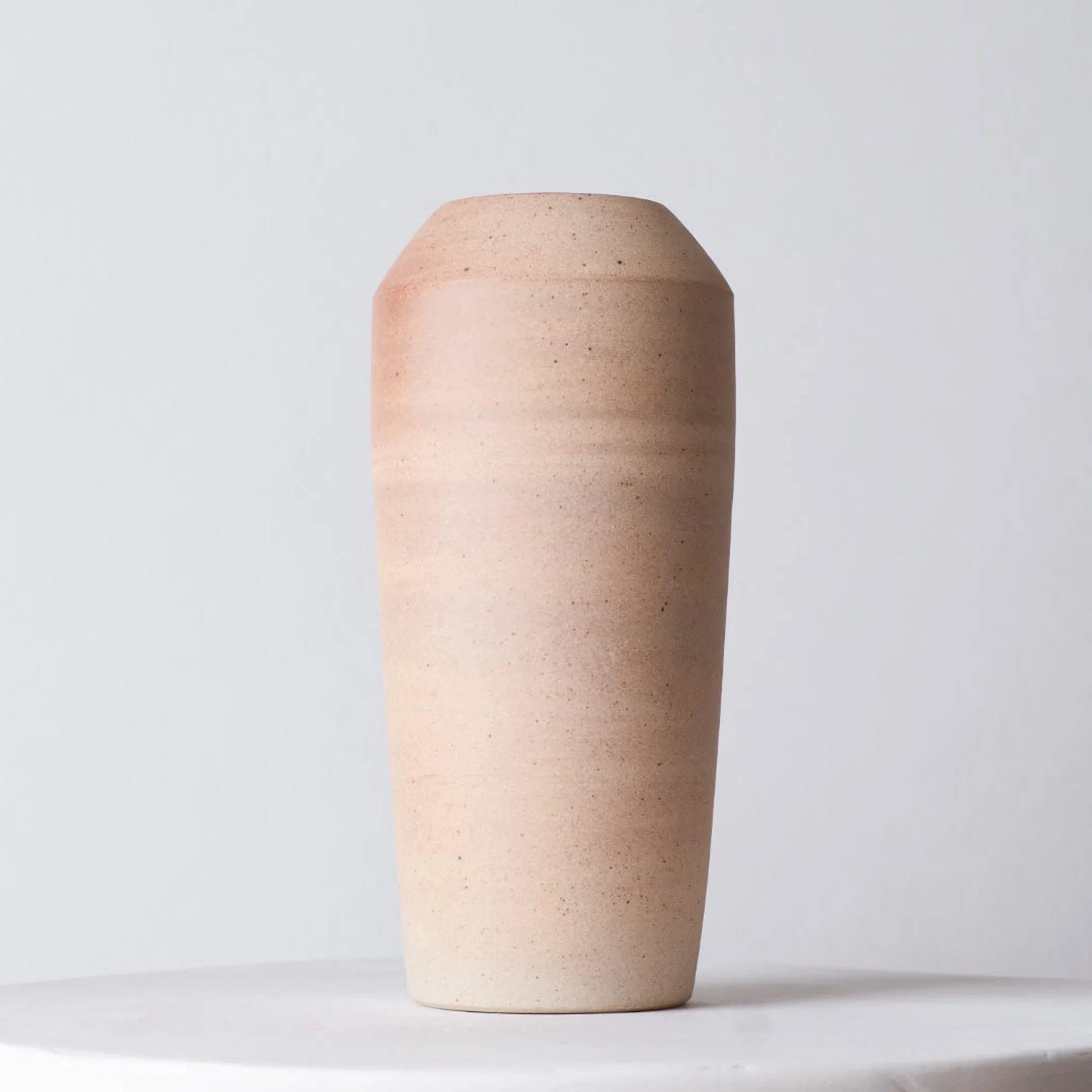 Tall Stoneware Cylinder Vase — Raw Clay + Reduction Blush