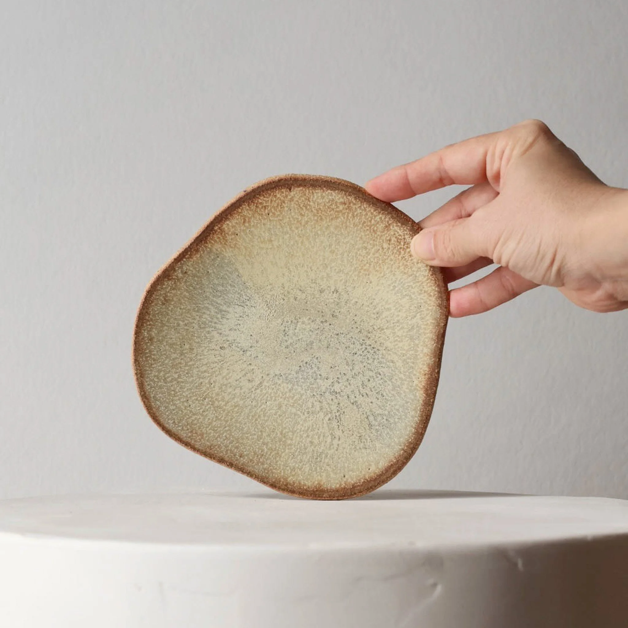 Artisan Handbuilt Slab Bowl – Yellow-Gray with Brown Rim