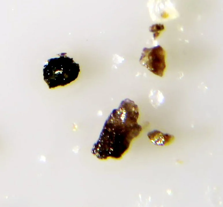 jagged dark brown to orange opaque crystal grains of hafnon embedded in an unidentified white matrix