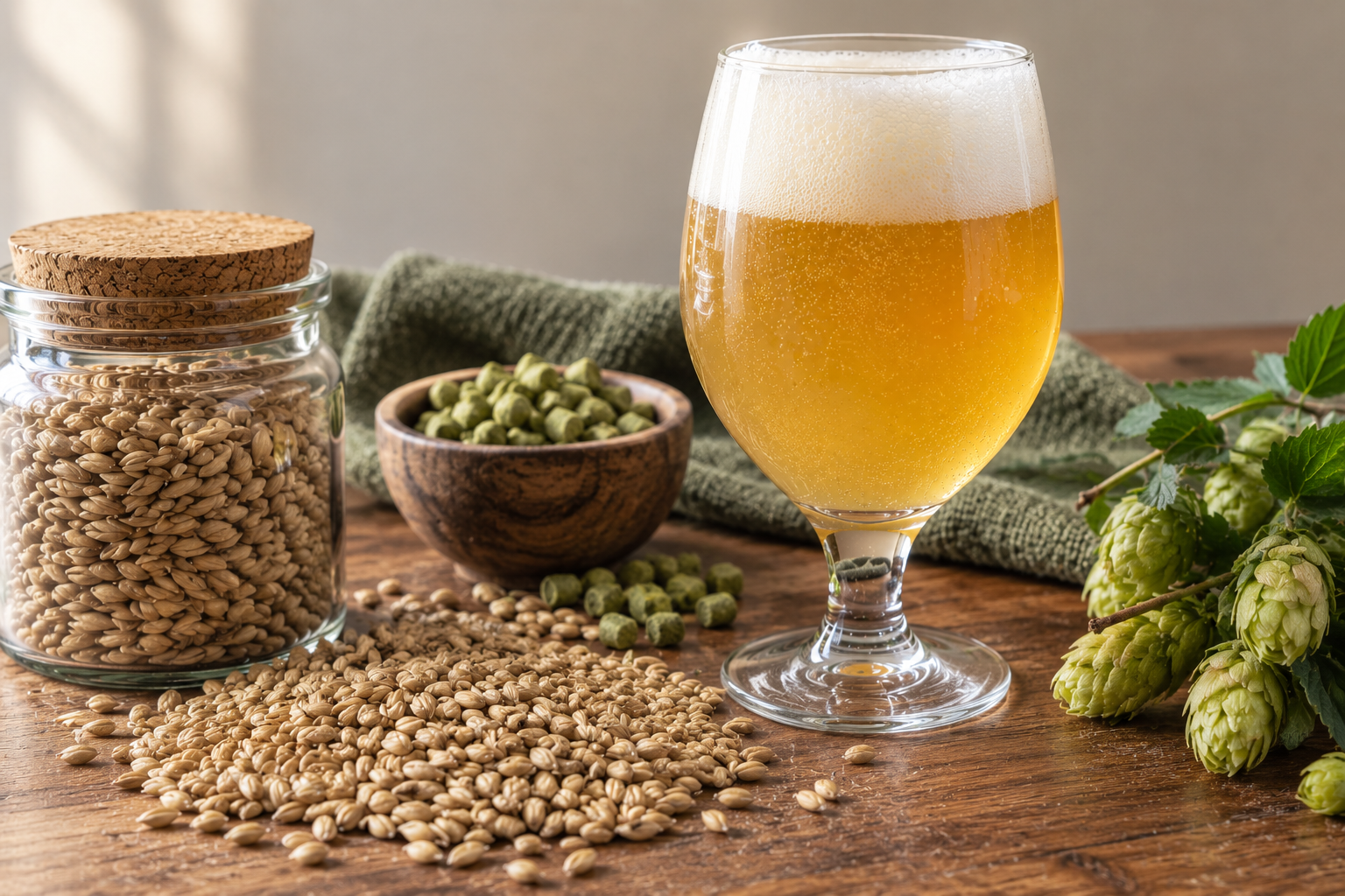 Crisp clear brewed beer with hops and light grains