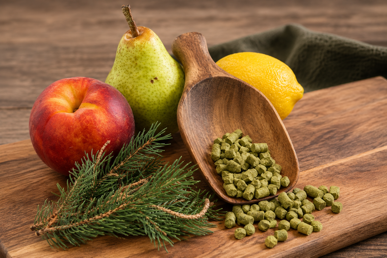 Notes of IPA with pine, hops, citrus, and stone fruit on a wooden backdrop
