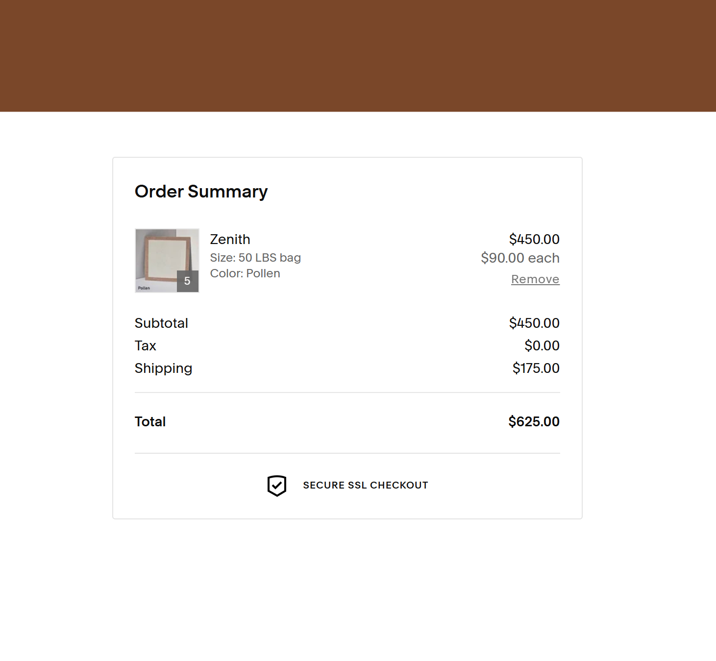 Online shopping cart receipt showing an order for five Pollen Zenith bags, each costing $90, with a subtotal of $450, shipping fee of $175, and total of $625. The receipt includes a small product image thumbnail and a secure checkout option.
