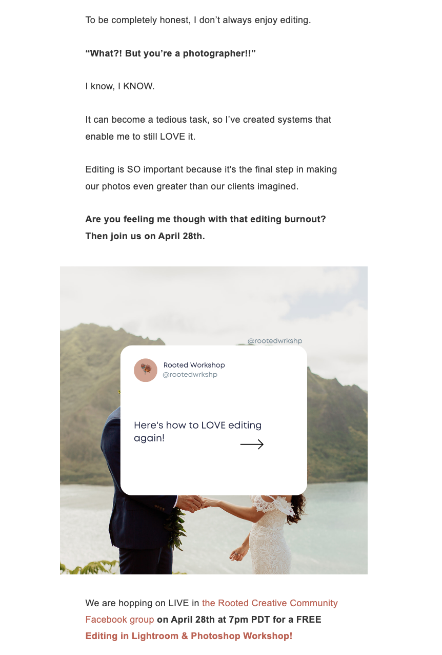 A social media announcement with a background of a wedding couple holding hands outdoors, and overlay text inviting viewers to a live Lightroom and Photoshop editing workshop on April 28th.