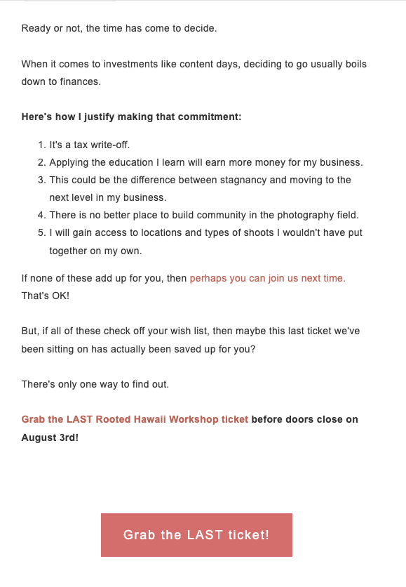 A promotional flyer encouraging people to buy the last ticket for a Hawaii workshop before it sells out on August 3rd, featuring a red button that says 'Grab the LAST ticket!'