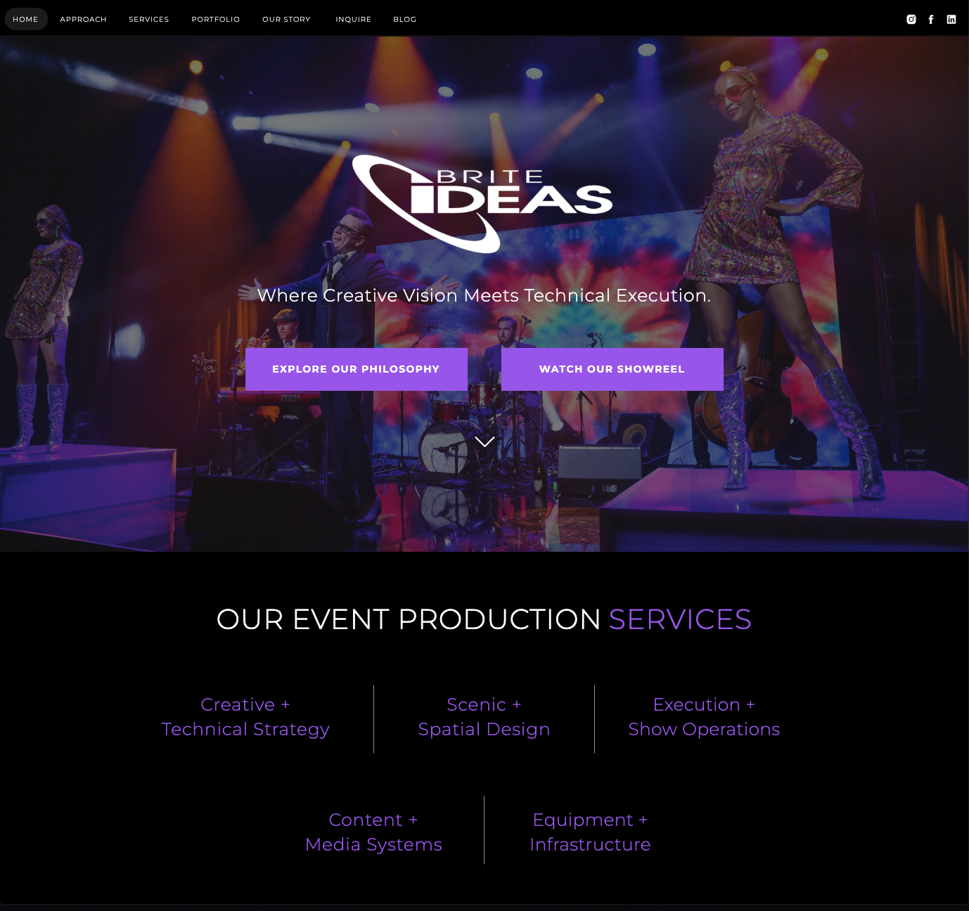 Homepage of Brite Ideas entertainment production company website showing a stage performance with musicians and dancers, featuring colorful lighting and digital backdrop.