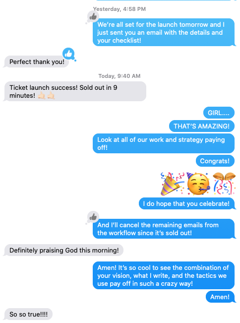 Screenshot of a group chat discussing a successful ticket launch and celebration with emojis and positive messages.